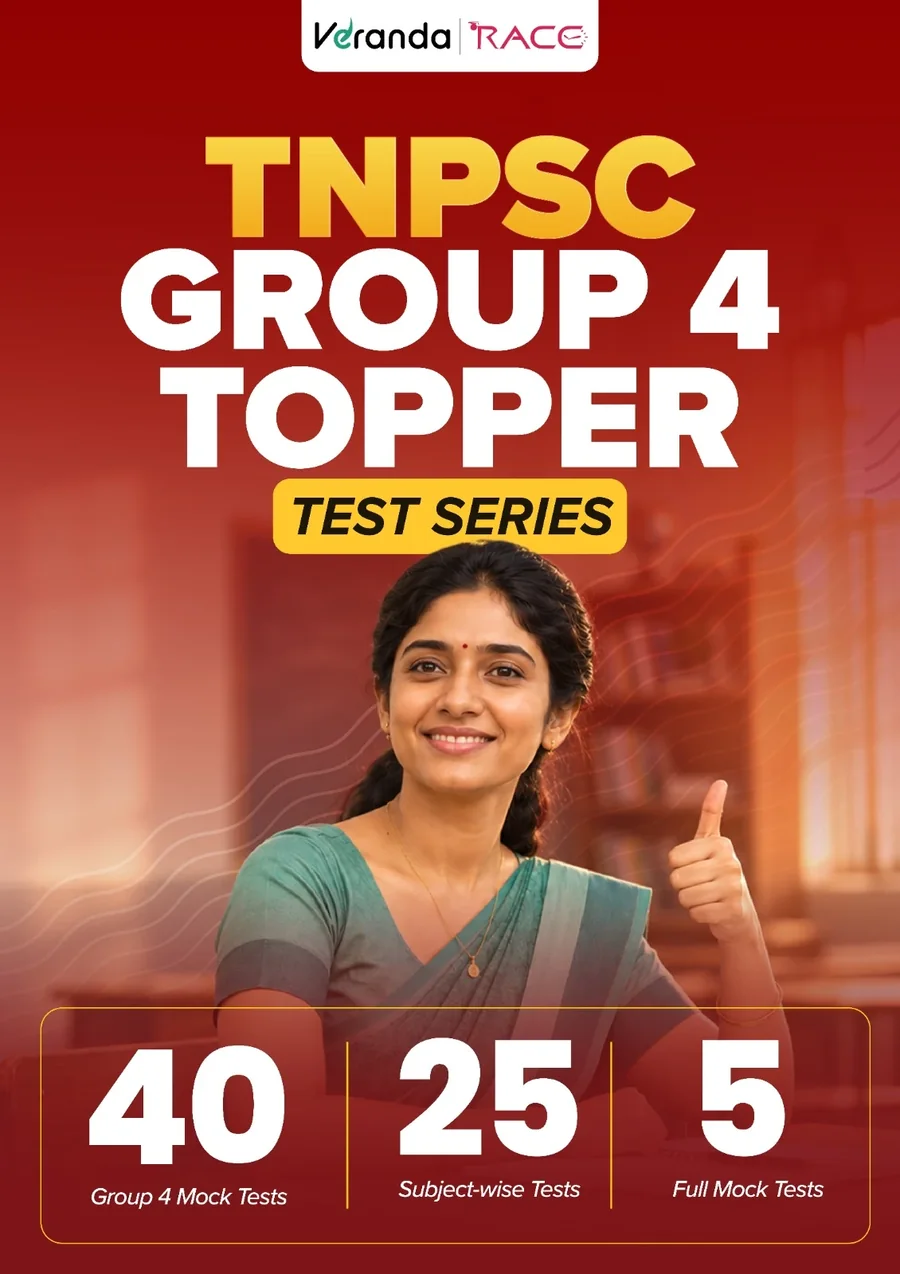 Veranda RACE TNPSC Group 4 Topper Test Series poster: 40 Group 4 mock tests, 25 subject-wise tests and 5 full mock tests